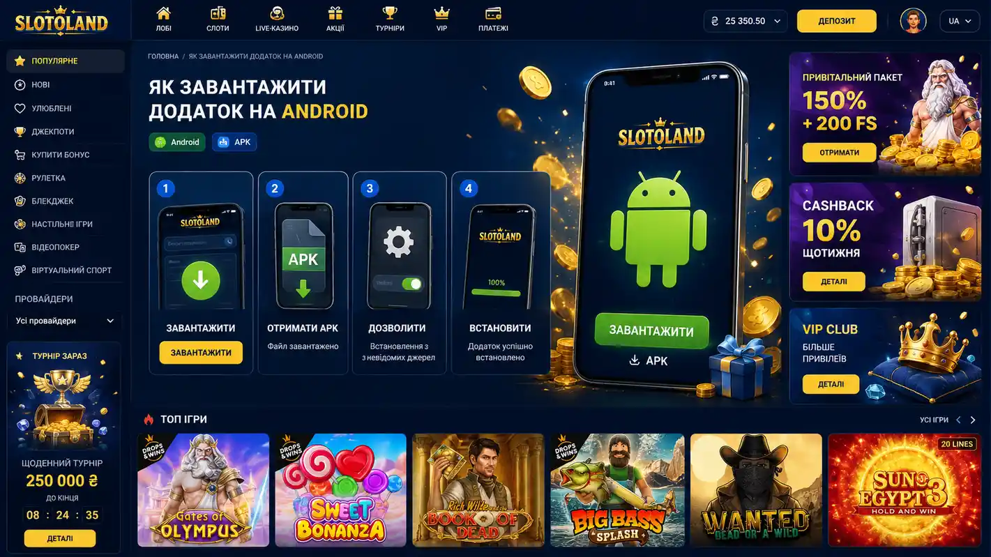 Страница Slotoland с шагами загрузки APK-файла для Android