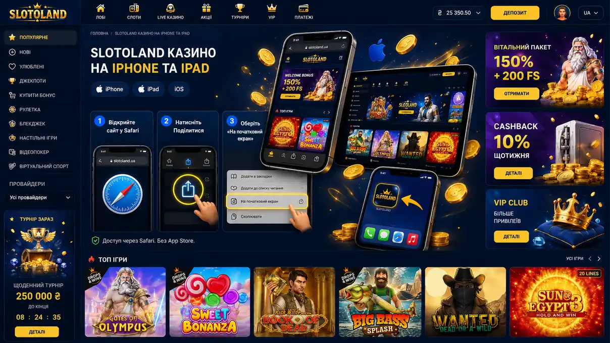Инструкция Slotoland для iPhone и iPad: добавление сайта на начальный экран через Safari